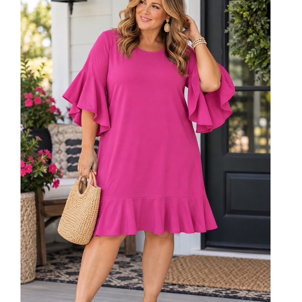 Womens XL Isaac Mizrahi Live Pink Bell Sleeve Ruffle Hem Knit Dress Preppy Boho